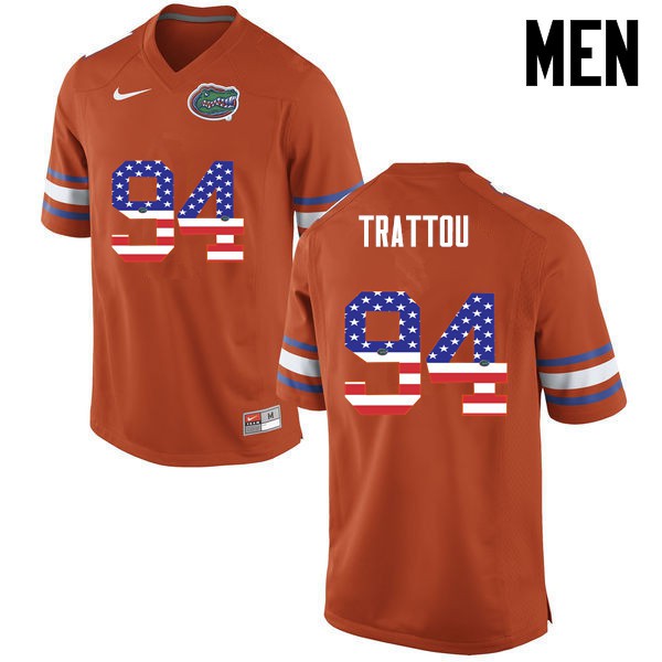 Florida Gators Men #94 Justin Trattou College Football USA Flag Fashion Orange